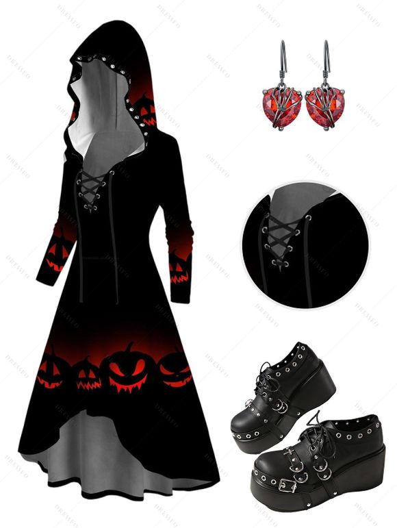 Gothic Outfit Pumpkin Print High Low Hoodie Dress and Earrings Boots Set - Noir S | US 4