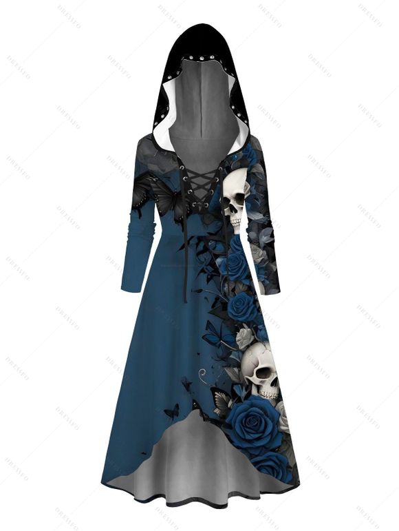 Halloween Outfit Skull Rose Butterfly Print Hoodie Dress and Skeleton Choker Boots Set - Noir S | US 4
