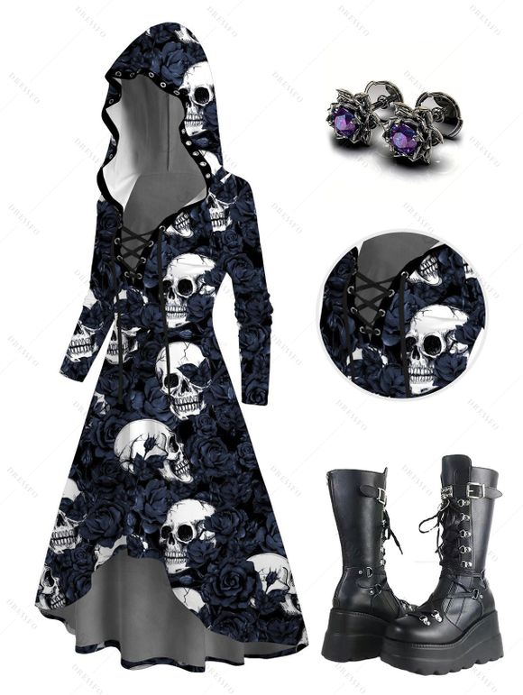 Halloween Outfit Skull Rose Print Lace Up High Low Hoodie Dress and Earrings Boots Set - Noir S | US 4