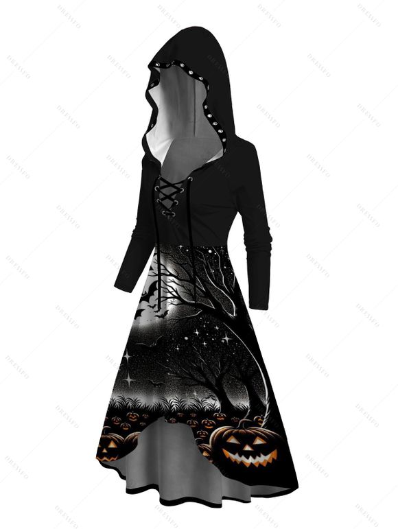 Robe gothique à capuche, imprimé citrouille d'Halloween, à lacets, taille haute et basse - Noir XXL | US 14