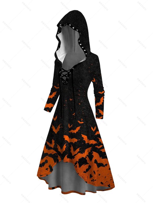 Robe à capuche d'Halloween à imprimé chauve-souris colorblock, à lacets, coupe haute et basse - Noir XXL | US 14