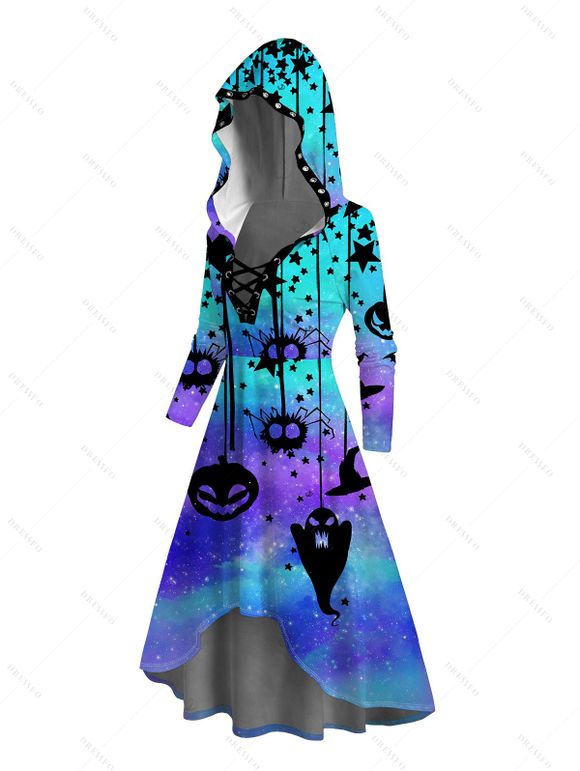 Robe à capuche d'Halloween à lacets, imprimé fantôme citrouille ombré, robe haute-basse - Bleu XXL | US 14