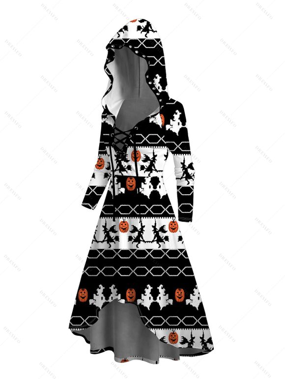 Robe à capuche d'Halloween à imprimé citrouille et sorcier colorblock, à lacets, coupe haute et basse - Noir XXL | US 14