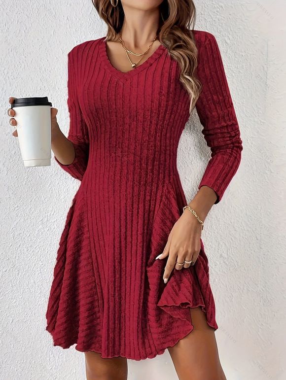 Robe texturée de couleur unie, mini-robe à col en V et manches longues - Rouge Vineux L | US 8