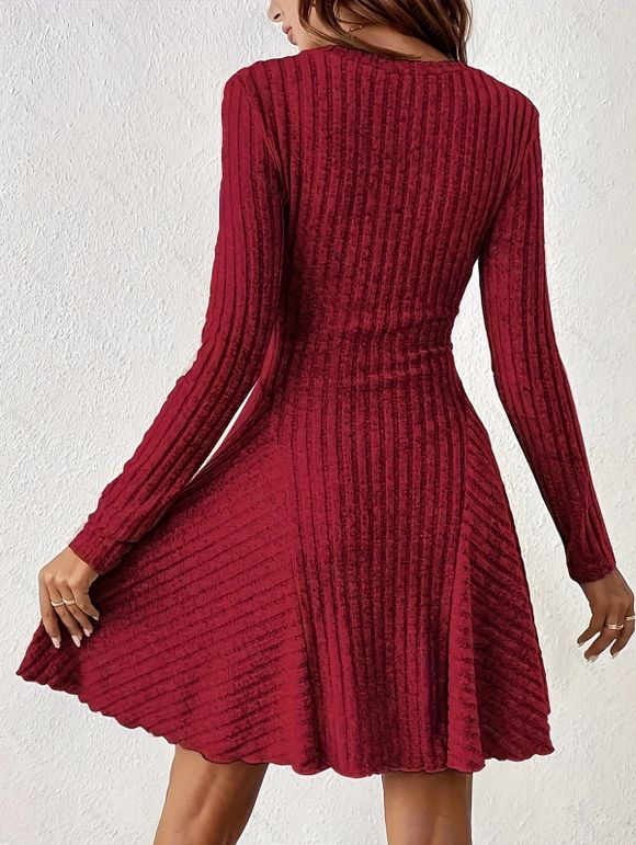 Robe texturée de couleur unie, mini-robe à col en V et manches longues - Rouge Vineux L | US 8