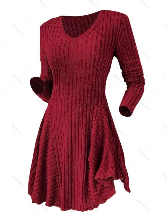 Robe texturée de couleur unie, mini-robe à col en V et manches longues - Rouge Vineux S | US 4