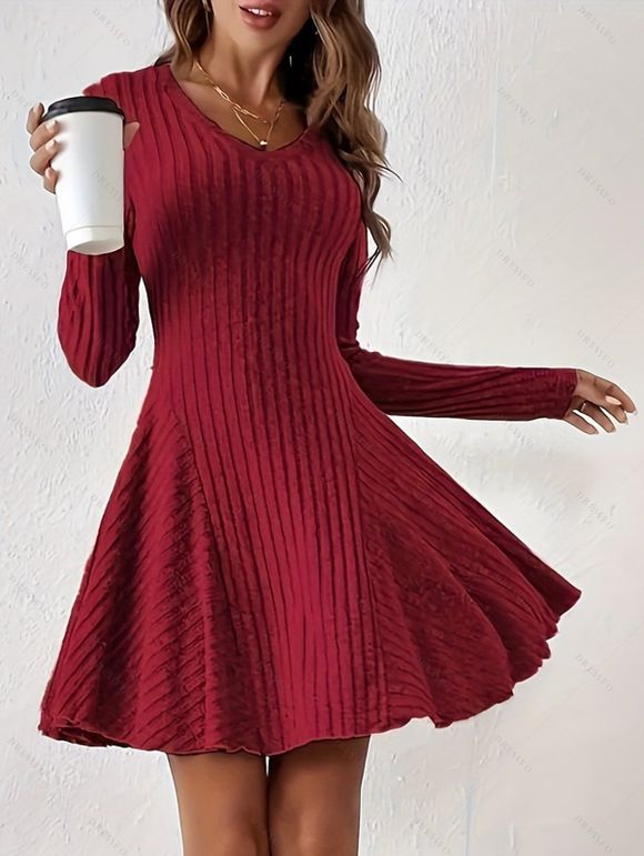 Robe texturée de couleur unie, mini-robe à col en V et manches longues - Rouge Vineux L | US 8
