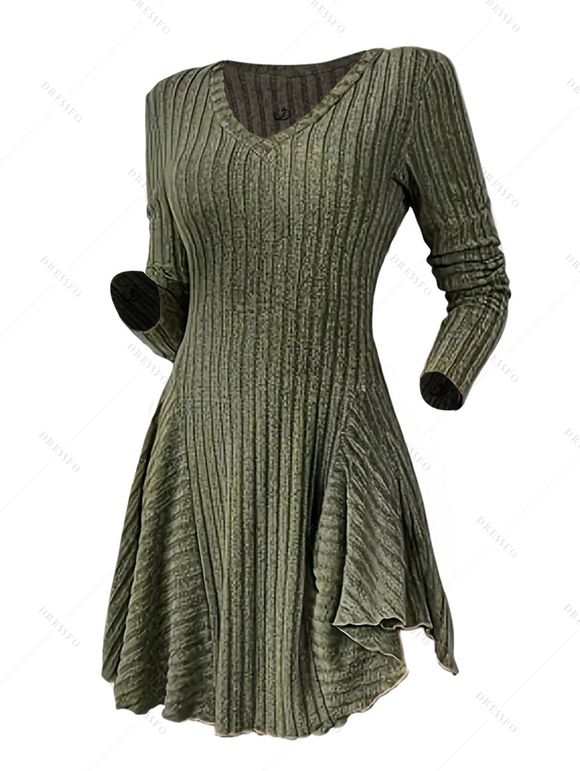 Robe texturée de couleur unie, mini-robe à col en V et manches longues - Vert Armée XL | US 10