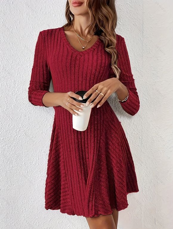 Robe texturée de couleur unie, mini-robe à col en V et manches longues - Rouge Vineux L | US 8