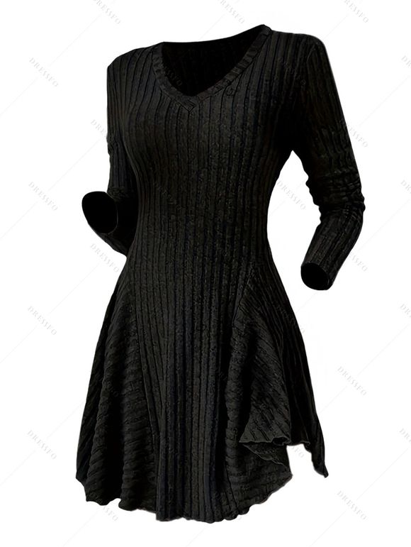 Robe texturée de couleur unie, mini-robe à col en V et manches longues - Noir XXL | US 12