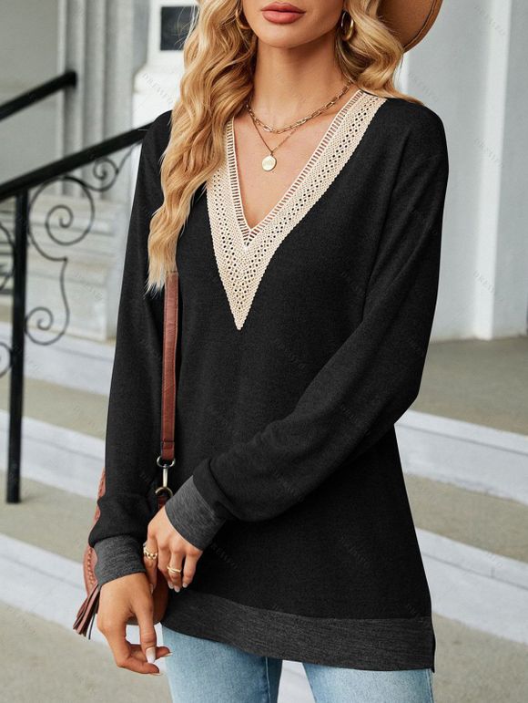 Haut colorblock à empiècement en dentelle ajourée et col en V à manches longues - Noir M | US 6