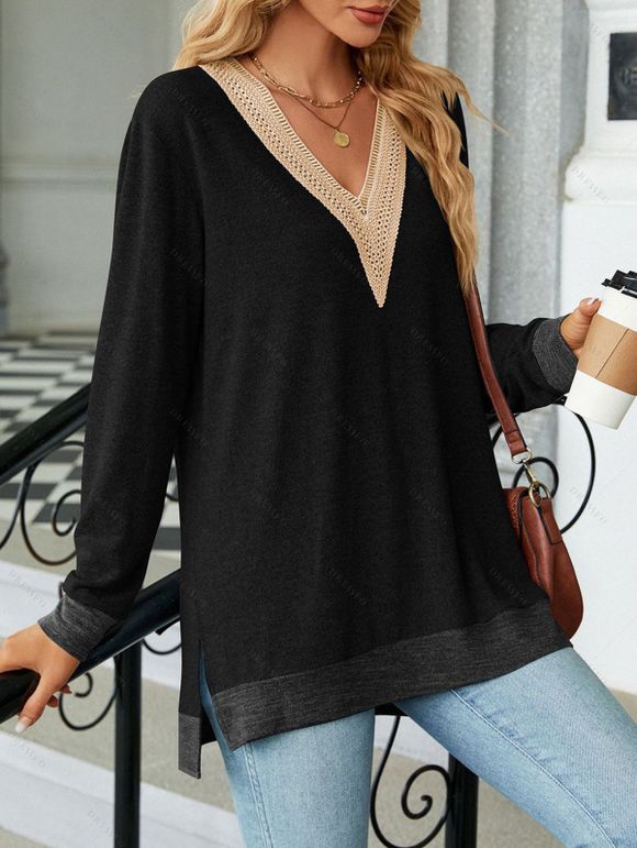 Haut colorblock à empiècement en dentelle ajourée et col en V à manches longues - Noir M | US 6