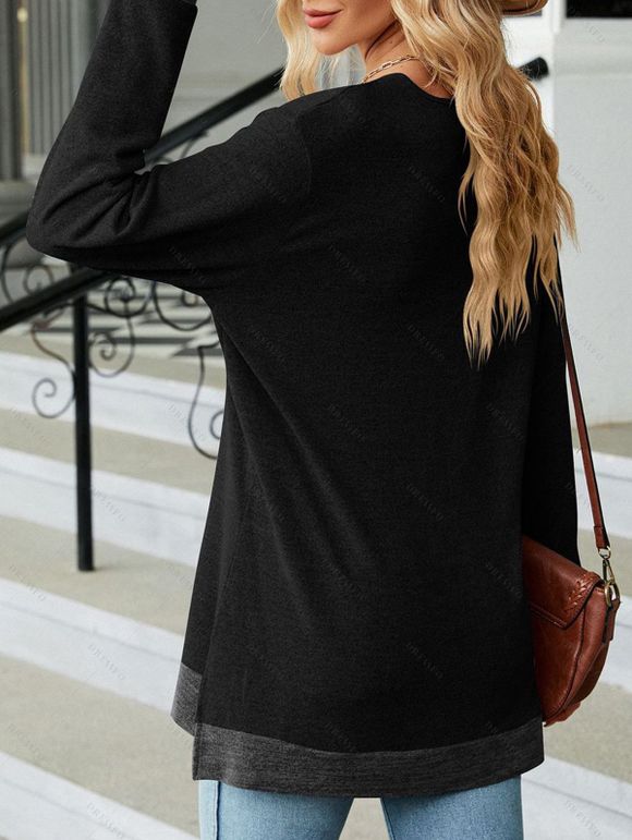 Haut colorblock à empiècement en dentelle ajourée et col en V à manches longues - Noir M | US 6