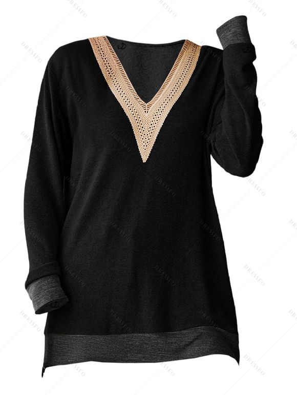 Haut colorblock à empiècement en dentelle ajourée et col en V à manches longues - Noir XXL | US 12