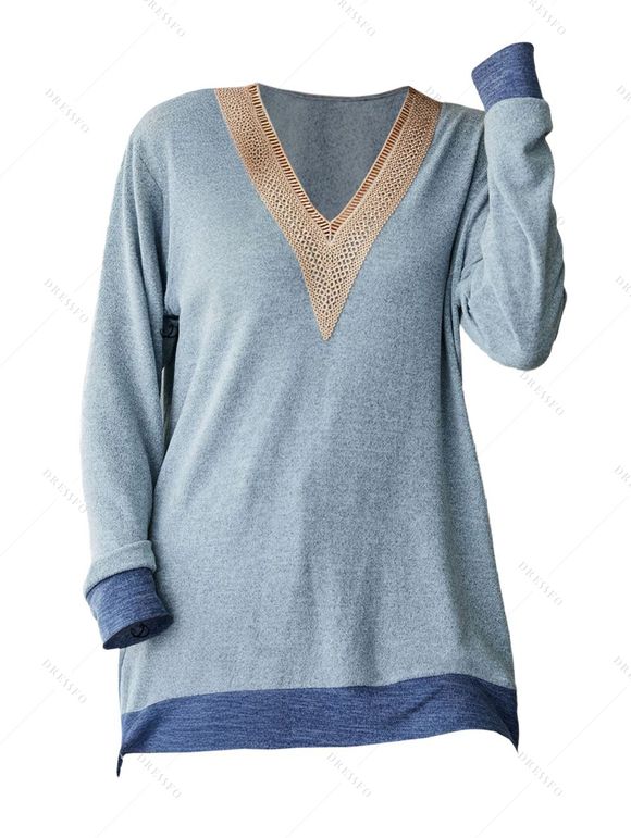 Haut colorblock à empiècement en dentelle ajourée et col en V à manches longues - Bleu clair XXL | US 12