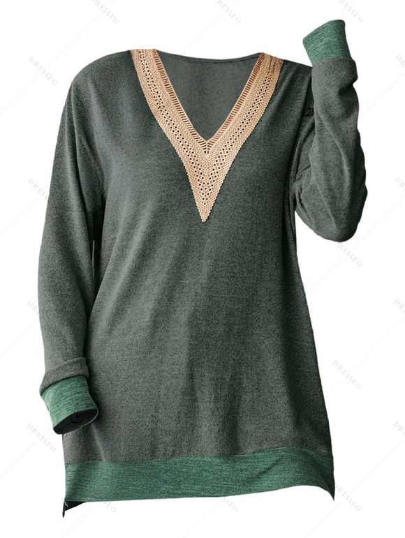 Haut colorblock à empiècement en dentelle ajourée et col en V à manches longues - Vert Armée XL | US 10