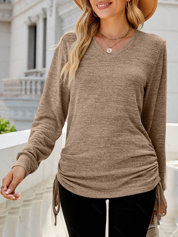Haut décontracté cintré à manches longues et col en V - café lumière XXL | US 12