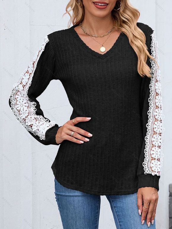 Haut colorblock à manches en dentelle et ourlet incurvé texturé - Noir M | US 6