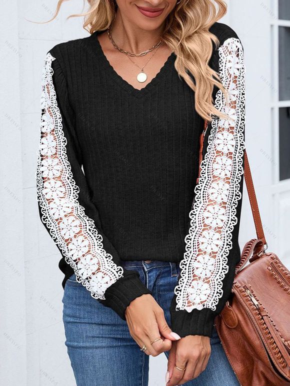 Haut colorblock à manches en dentelle et ourlet incurvé texturé - Noir M | US 6