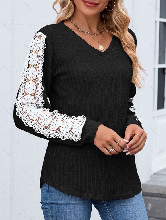 Haut colorblock à manches en dentelle et ourlet incurvé texturé - Noir M | US 6