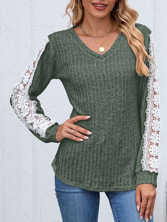 Haut colorblock à manches en dentelle et ourlet incurvé texturé - Vert Armée S | US 4
