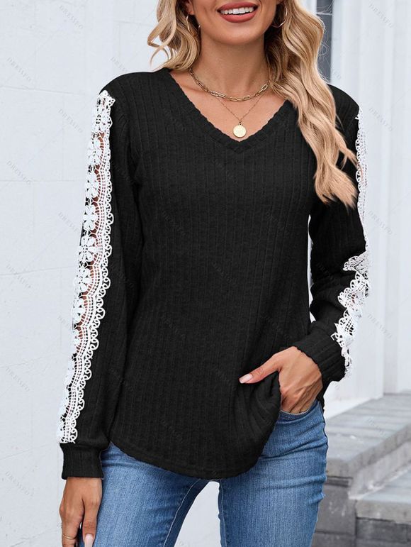 Haut colorblock à manches en dentelle et ourlet incurvé texturé - Noir M | US 6