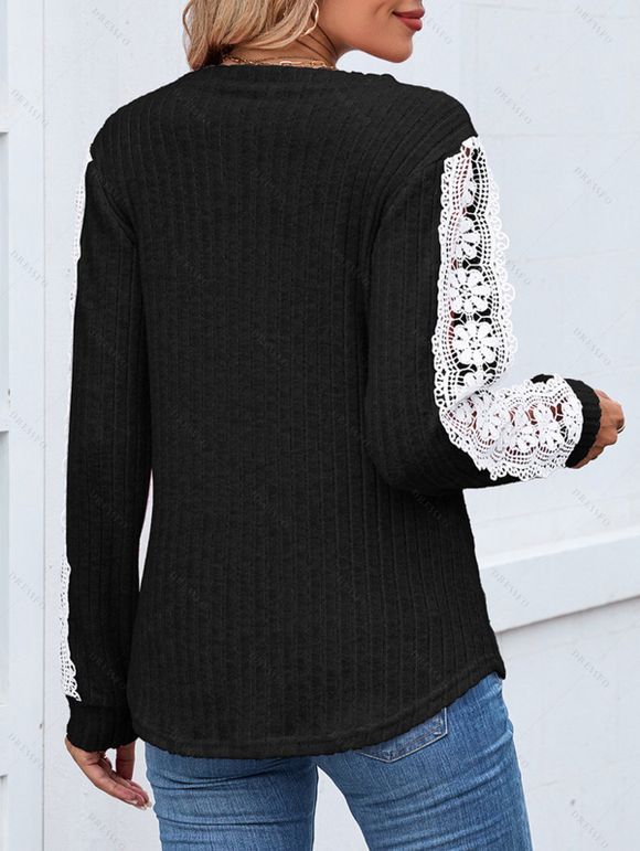 Haut colorblock à manches en dentelle et ourlet incurvé texturé - Noir M | US 6