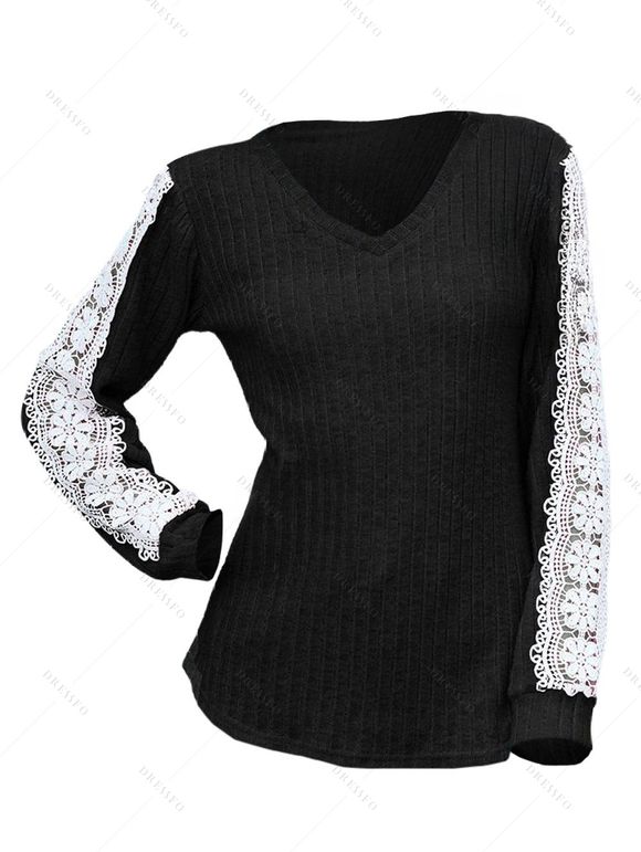Haut colorblock à manches en dentelle et ourlet incurvé texturé - Noir XXL | US 12