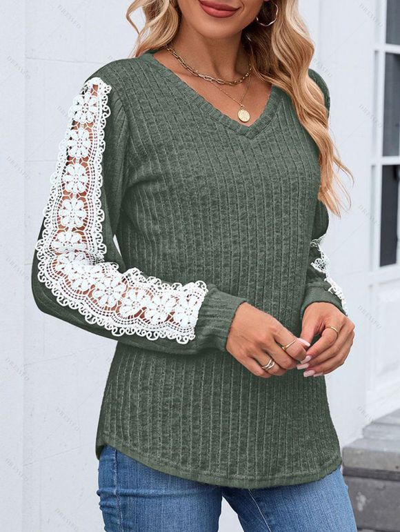 Haut colorblock à manches en dentelle et ourlet incurvé texturé - Vert Armée S | US 4