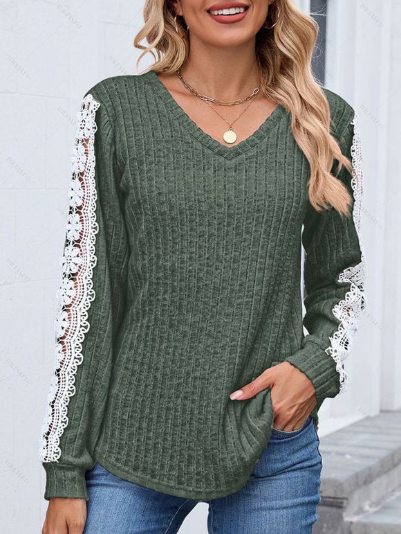 Haut colorblock à manches en dentelle et ourlet incurvé texturé - Vert Armée S | US 4