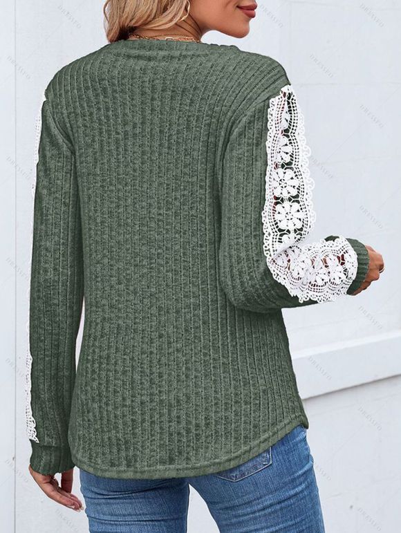 Haut colorblock à manches en dentelle et ourlet incurvé texturé - Vert Armée S | US 4