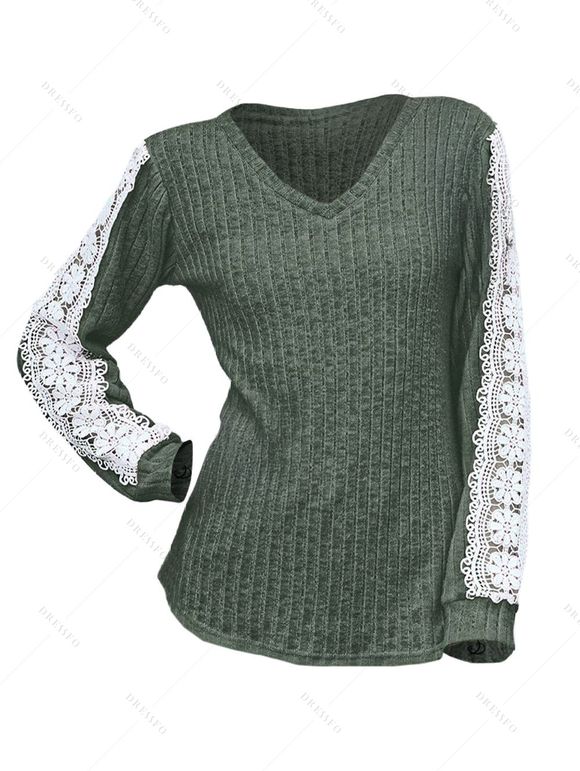 Haut colorblock à manches en dentelle et ourlet incurvé texturé - Vert Armée XXL | US 12