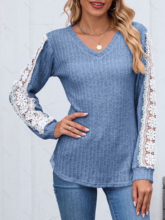 Haut colorblock à manches en dentelle et ourlet incurvé texturé - Bleu clair S | US 4