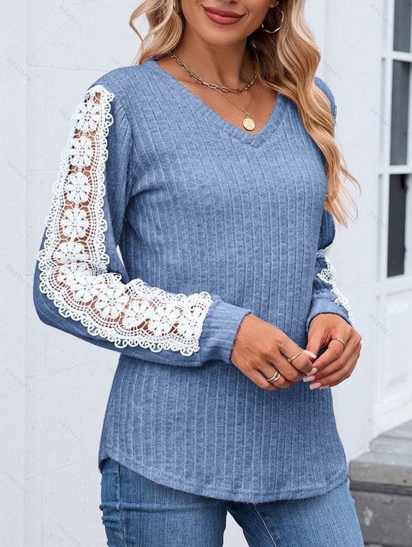 Haut colorblock à manches en dentelle et ourlet incurvé texturé - Bleu clair S | US 4