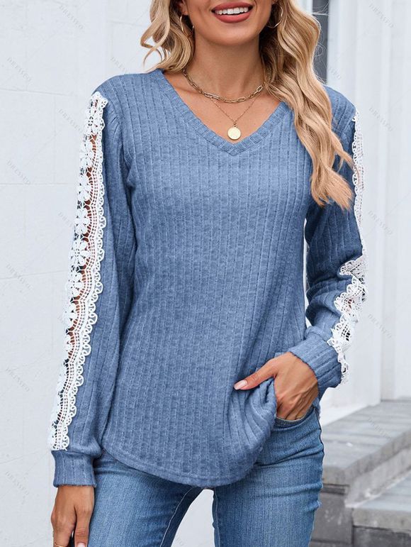 Haut colorblock à manches en dentelle et ourlet incurvé texturé - Bleu clair S | US 4