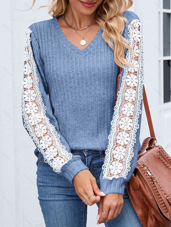 Haut colorblock à manches en dentelle et ourlet incurvé texturé - Bleu clair S | US 4