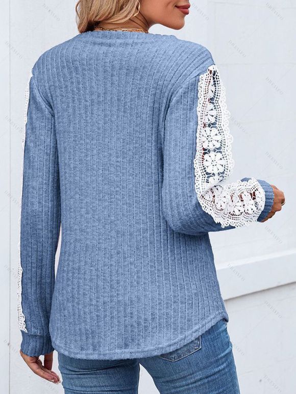 Haut colorblock à manches en dentelle et ourlet incurvé texturé - Bleu clair S | US 4