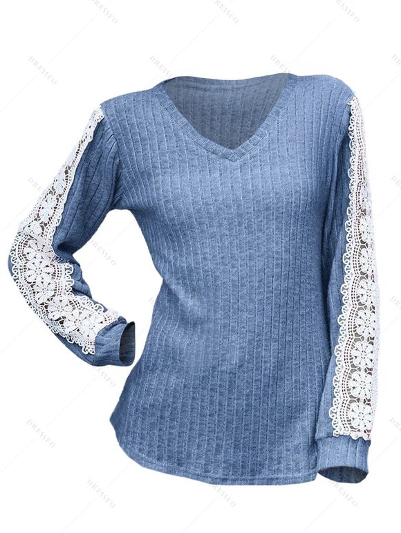 Haut colorblock à manches en dentelle et ourlet incurvé texturé - Bleu clair XXL | US 12
