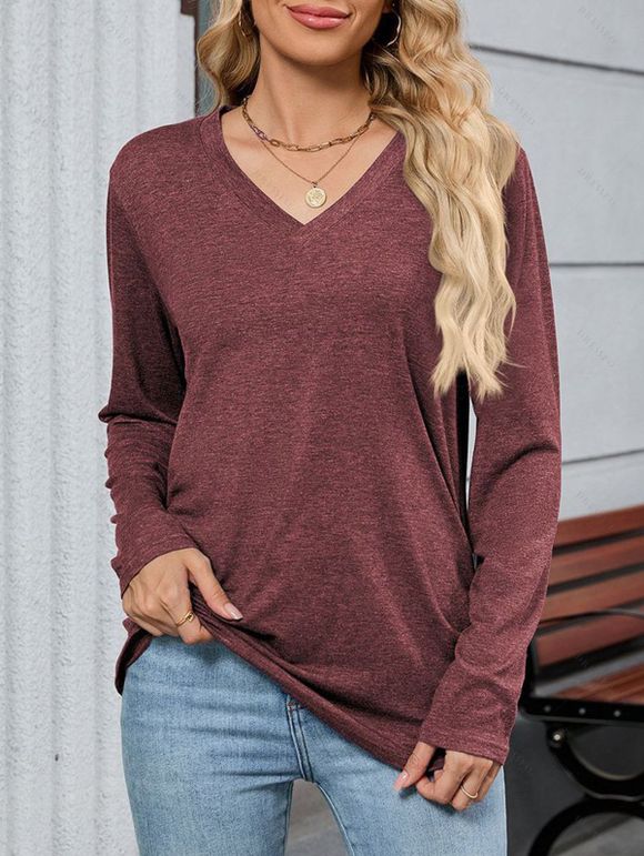 Haut décontracté chiné à manches longues et col en V froncé - Violacé rouge XXL | US 12