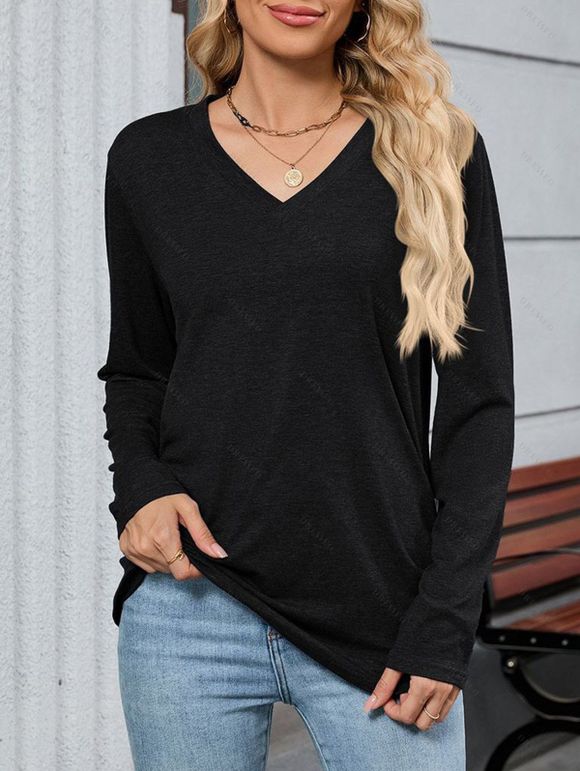 Haut décontracté chiné à manches longues et col en V froncé - Noir M | US 6