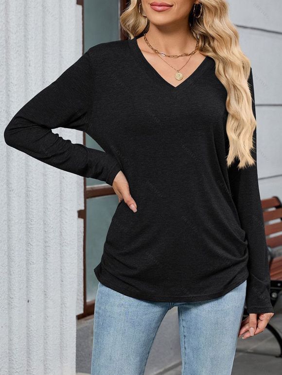 Haut décontracté chiné à manches longues et col en V froncé - Noir M | US 6