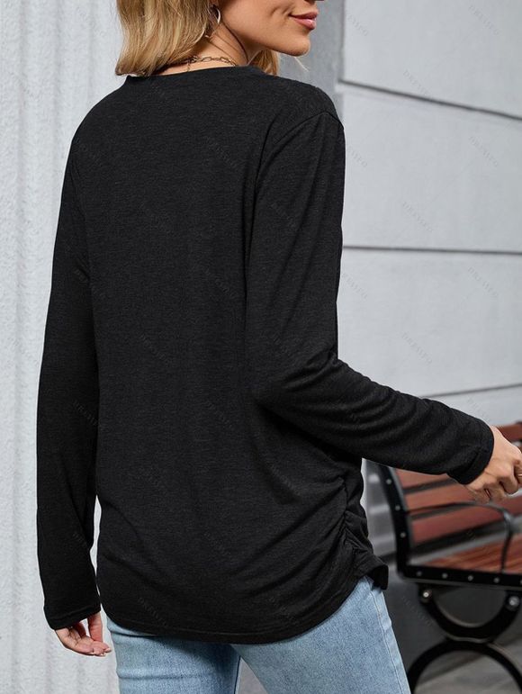 Haut décontracté chiné à manches longues et col en V froncé - Noir M | US 6