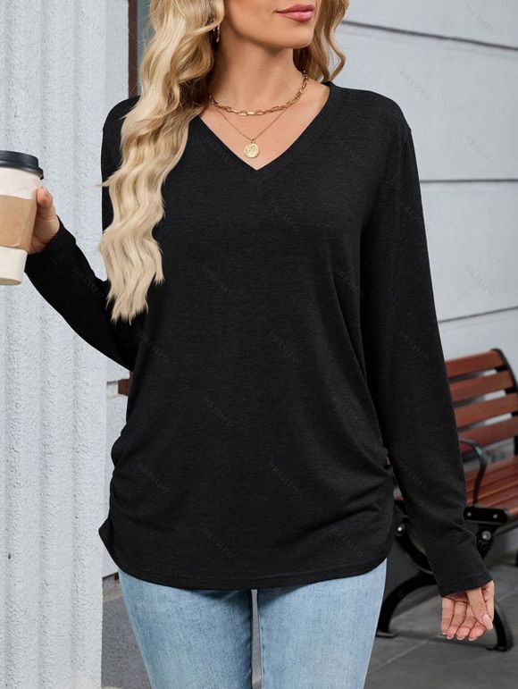 Haut décontracté chiné à manches longues et col en V froncé - Noir M | US 6