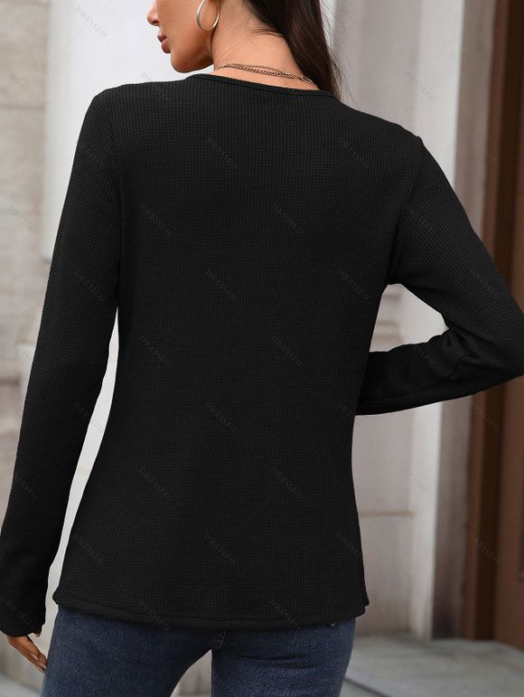 Haut décontracté de couleur unie, haut à manches longues avec boutons texturés - Noir M | US 6