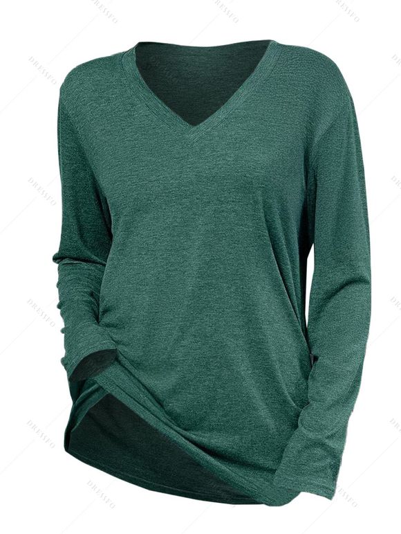 Haut décontracté chiné à manches longues et col en V froncé - Turquoise Foncée XXL | US 12