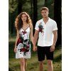 Robe Chemise Rose et Cercle O Imprimés Manches Roulées à Col V pour Femme - Blanc S | US 4