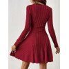 Robe texturée de couleur unie, mini-robe à col en V et manches longues - Rouge Vineux S | US 4
