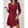 Robe texturée de couleur unie, mini-robe à col en V et manches longues - Rouge Vineux XL | US 10
