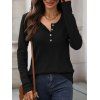 Haut décontracté de couleur unie, haut à manches longues avec boutons texturés - Noir L | US 8