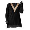 Haut colorblock à empiècement en dentelle ajourée et col en V à manches longues - Noir XXL | US 12